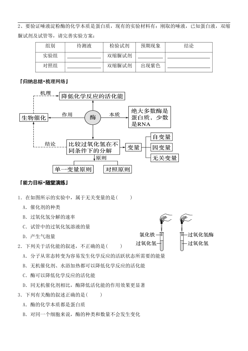 5.1.1酶的作用和本质（导学案）——高一上学期生物人教版必修1（含答案）