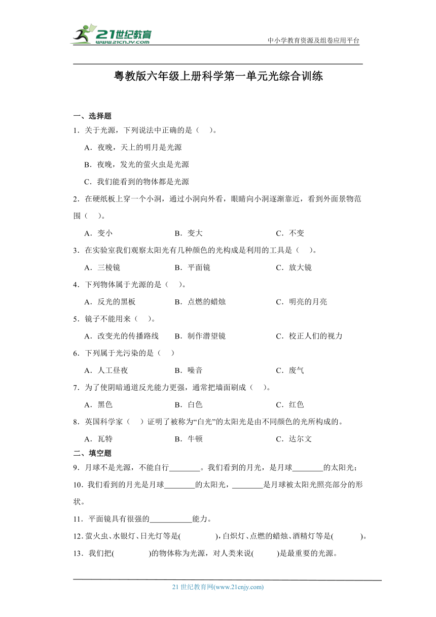 粤教版六年级上册科学第一单元《光》综合训练（含答案）