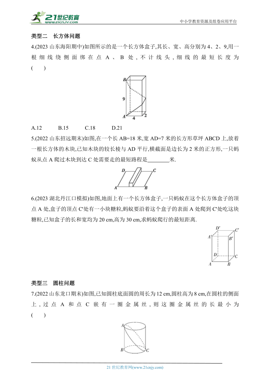 2024青岛版数学九年级下学期课时练--专项素养综合全练（八）求立体图形上两点间的最短路径问题（含解析）