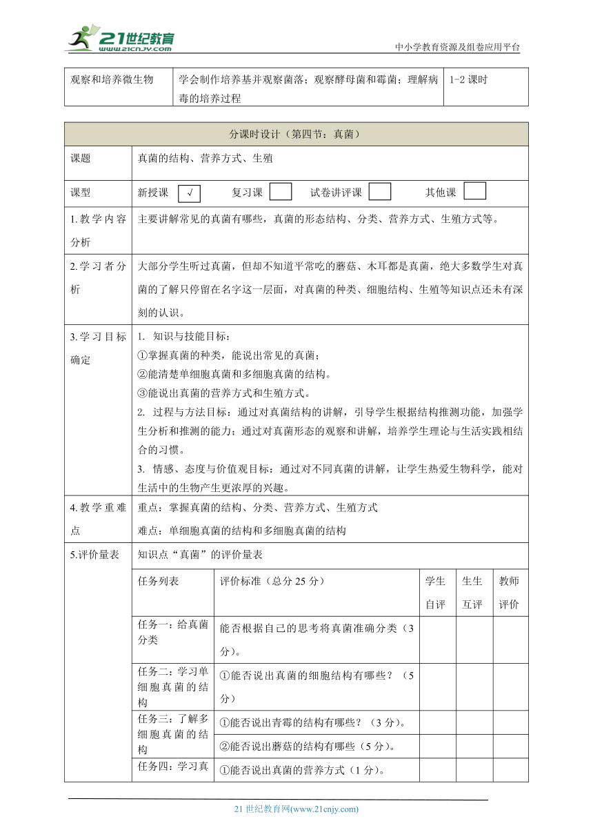 【大单元教学】微生物主题大单元整体教学设计+教案4真菌--人教版生物八上第五单元第四章第五章