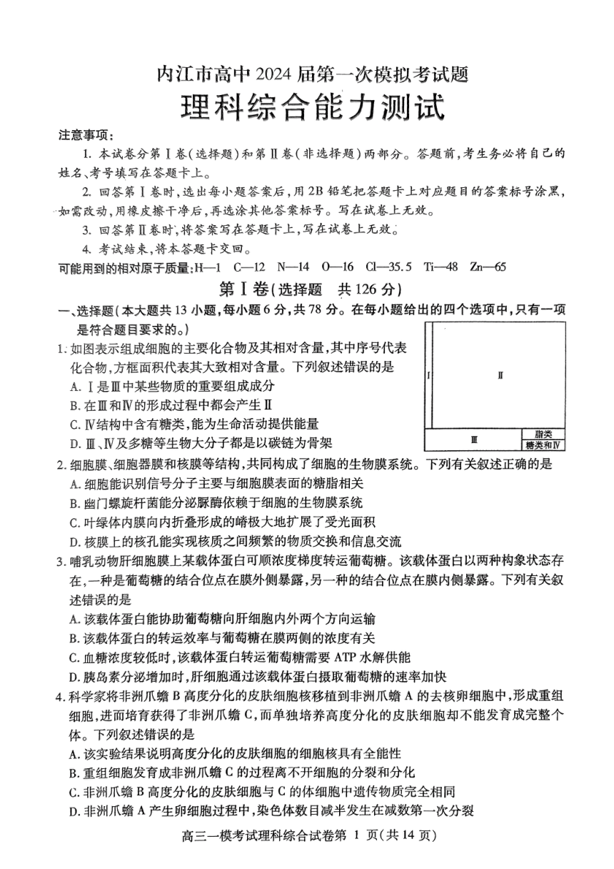 2024届四川省内江市高中高三上学期12月第一次模拟考试理科综合试题（PDF版含答案）