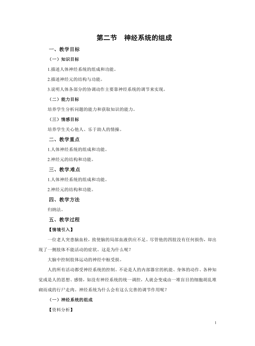 4.6.2神经系统的组成教案 初中生物人教版七年级下册