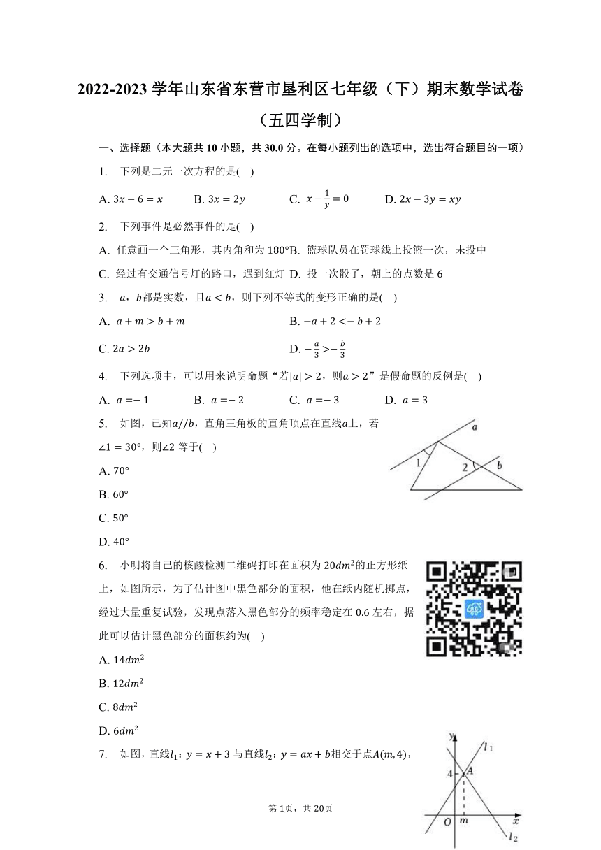 2022-2023学年山东省东营市垦利区七年级（下）期末数学试卷（五四学制）（含解析）