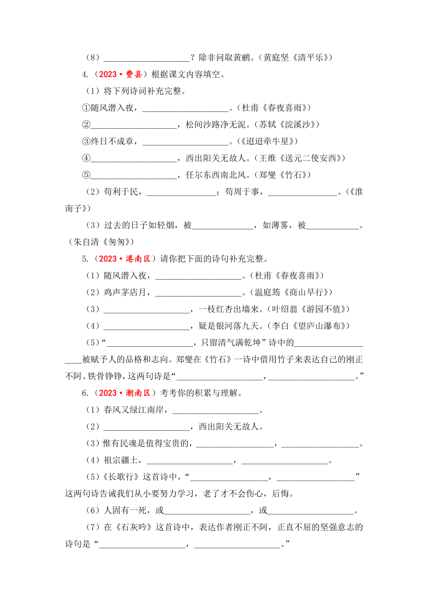 2024年小升初语文真题考点精练专题10+古诗词名句默写（有解析）