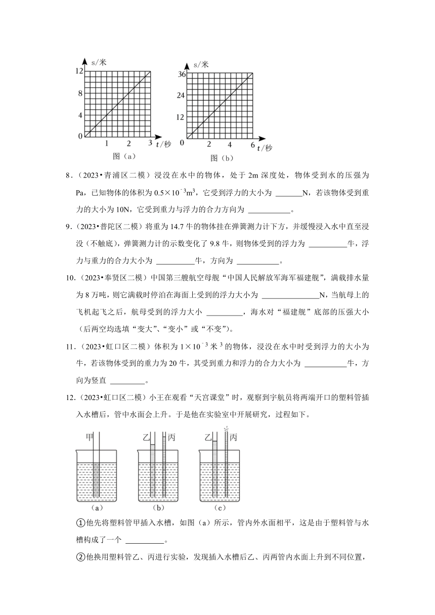 15浮力大小的计算、阿基米德原理的应用、连通器-上海市2023年中考物理二模试题汇编【高频考点】（含答案）