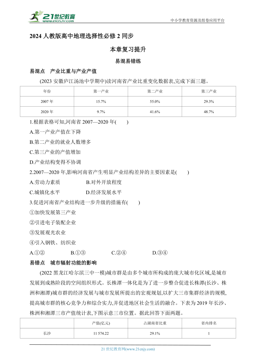 2024人教版高中地理选择性必修2同步练习题--第三章　城市、产业与区域发展复习提升（含解析）