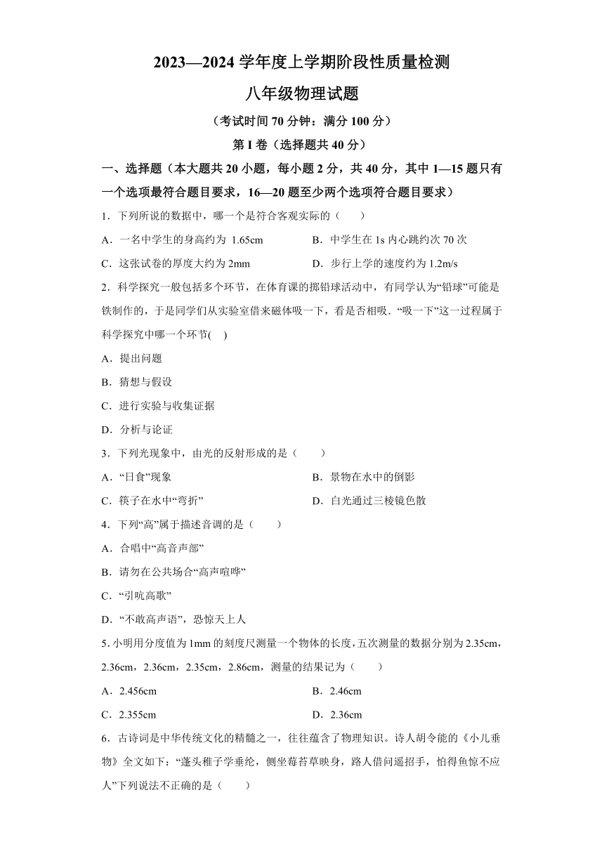 山东省临沂市郯城县2023-2024学年八年级上学期期中考试物理试题（解析版）