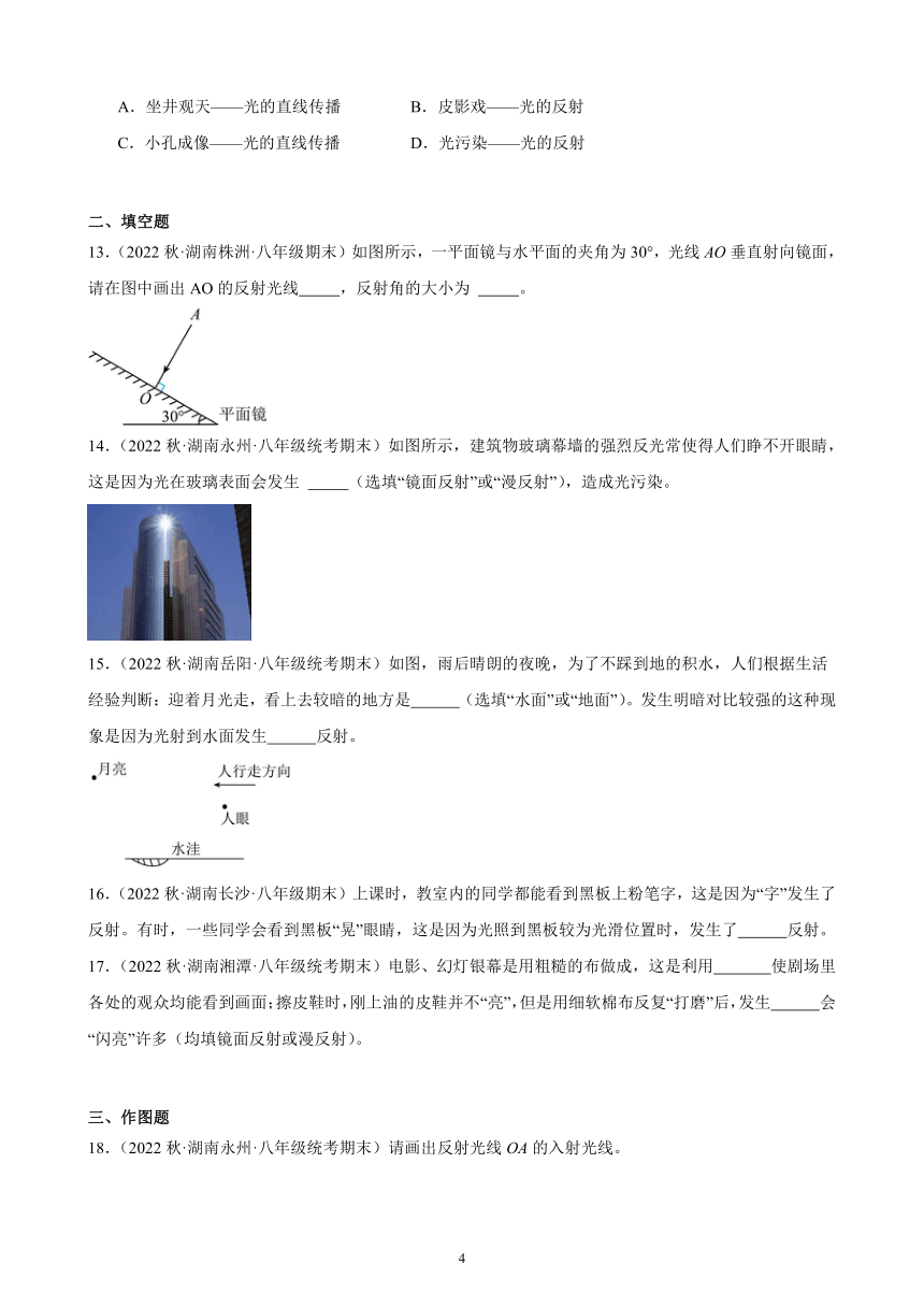 4.2 光的反射 同步练习 （含答案）2022－2023学年上学期湖南省各地八年级物理期末试题选编
