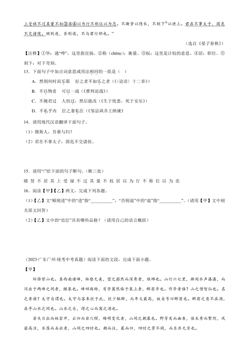 2024年中考语文复习专题19 九上课标文言文复习 专练（PDF学生版+解析版）