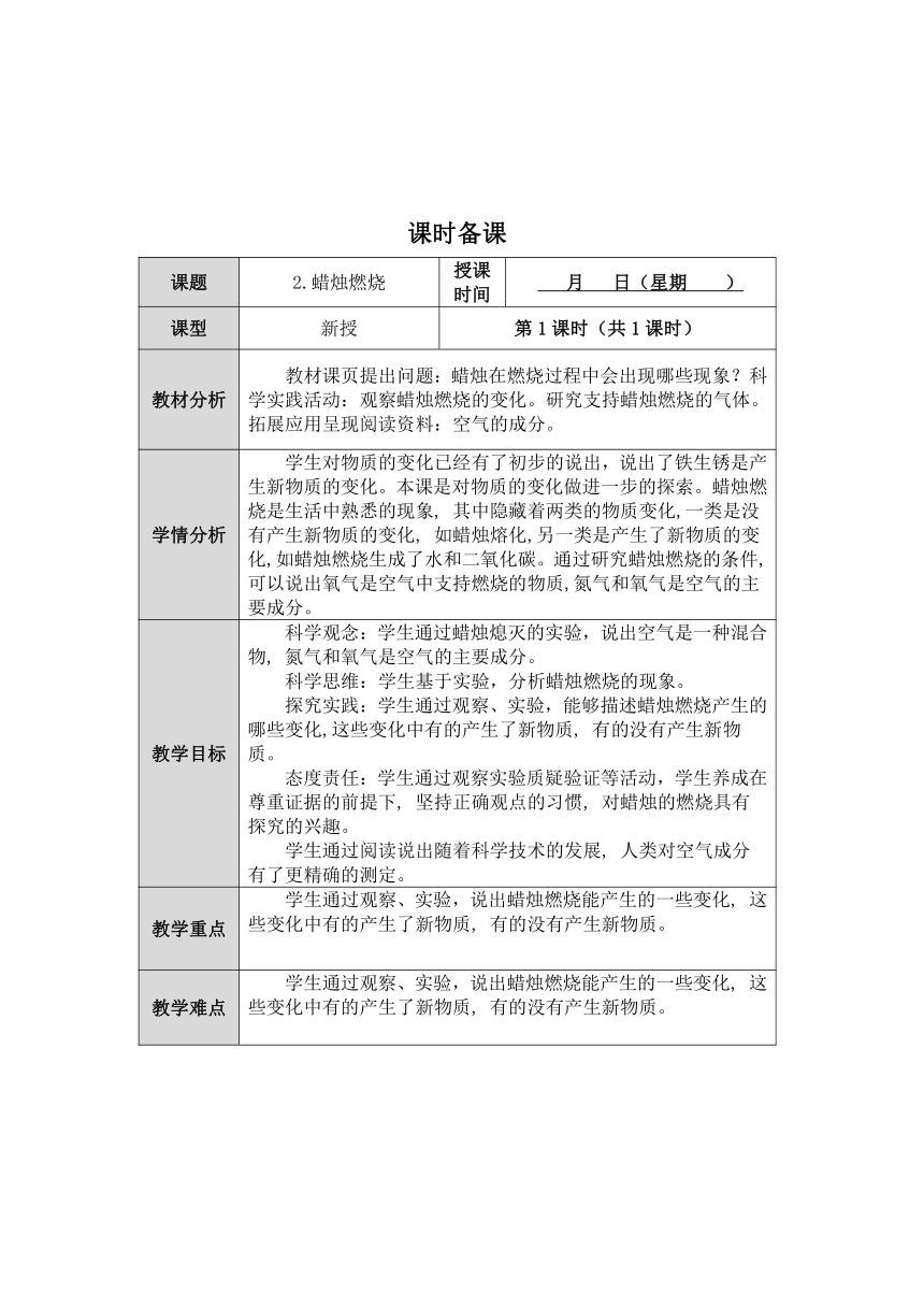 人教鄂教版小学科学六年级上册一单元2课《蜡烛的燃烧》教案 （表格式）