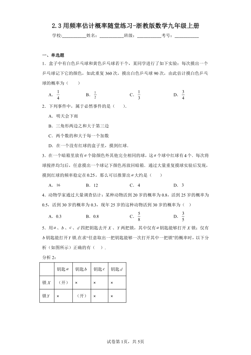 2.3用频率估计概率随堂练习（含答案）浙教版数学九年级上册