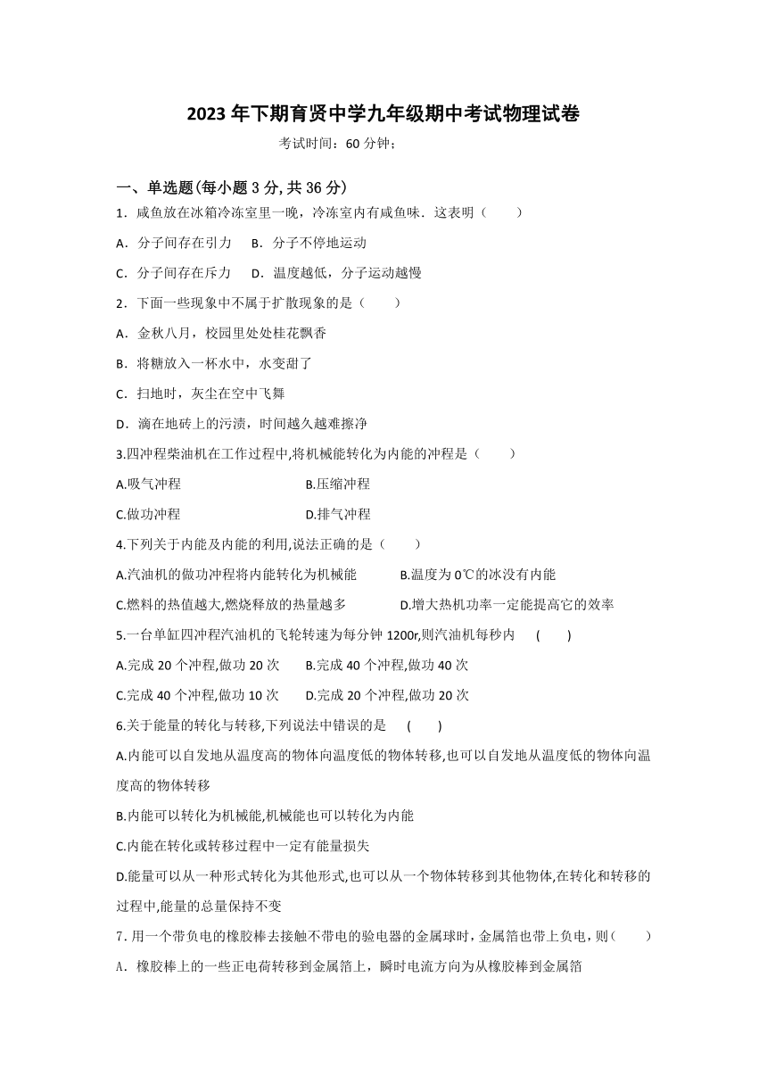 湖南省衡阳市祁东县育贤中学2023-2024学年九年级上学期期中考试物理试题（PDF版含答案）