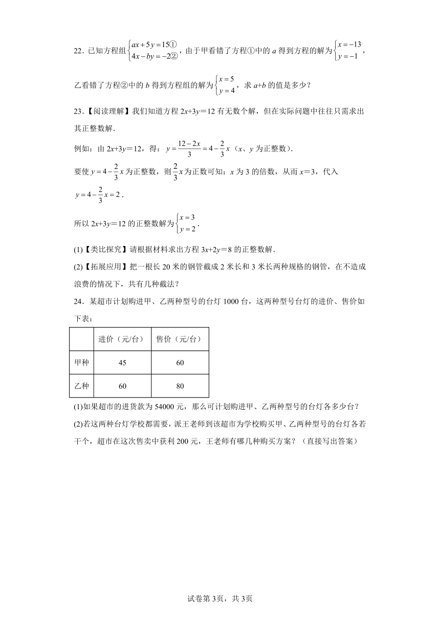 专题8.2二元一次方程（组） 基础篇 专项练习（含解析）2023-2024学年七年级数学下册人教版专项讲练