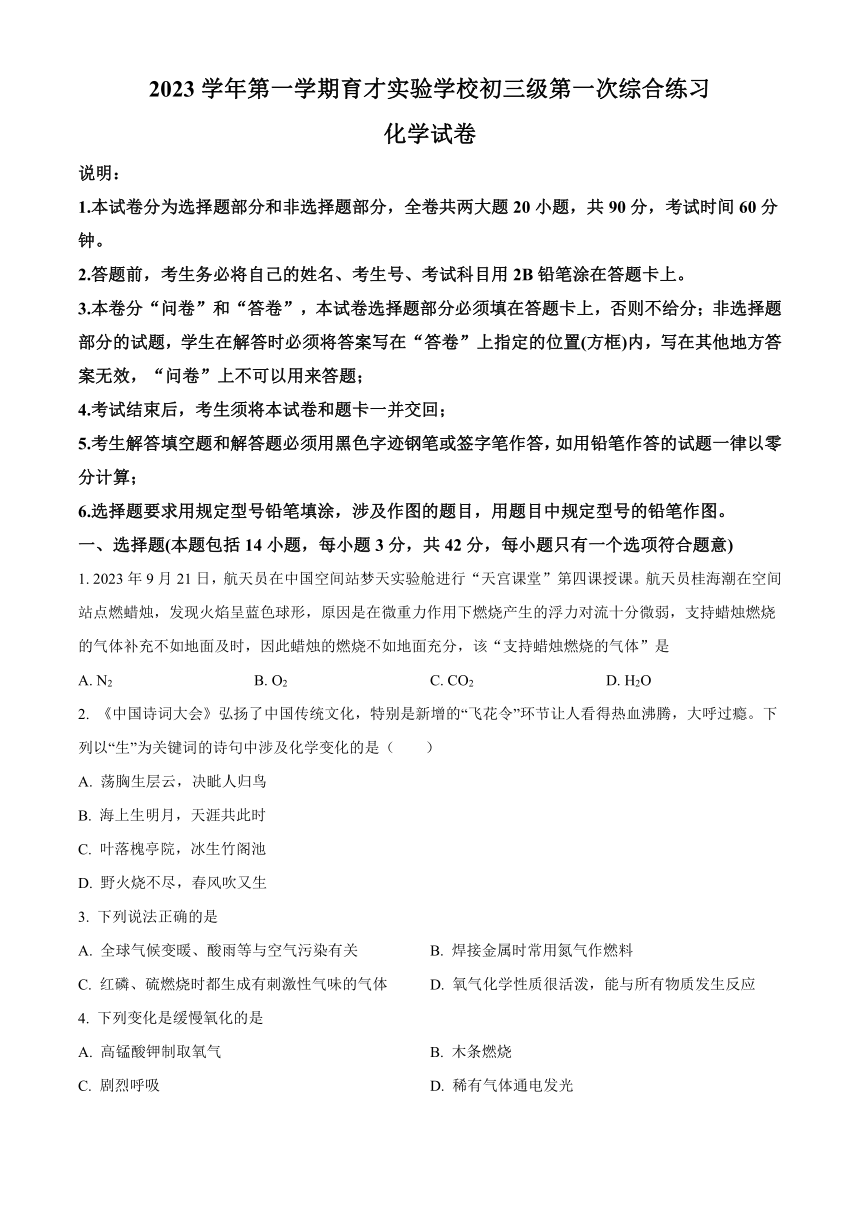 广东省广州市越秀区育才实验中学2023-2024学年九年级上学期10月月考化学试题（含解析）