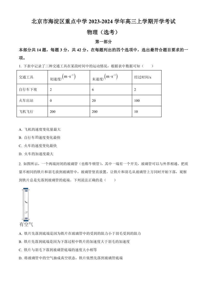 北京市海淀区重点中学2023-2024学年高三上学期开学考试（选考）物理试题（原卷版+解析版）