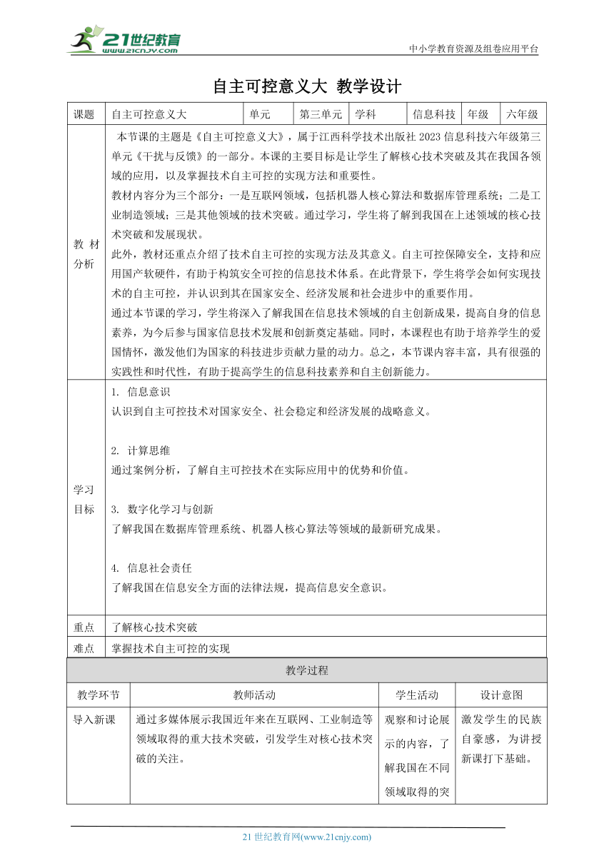 第14课 自主可控意义大 教案3 六下信息科技赣科学技术版