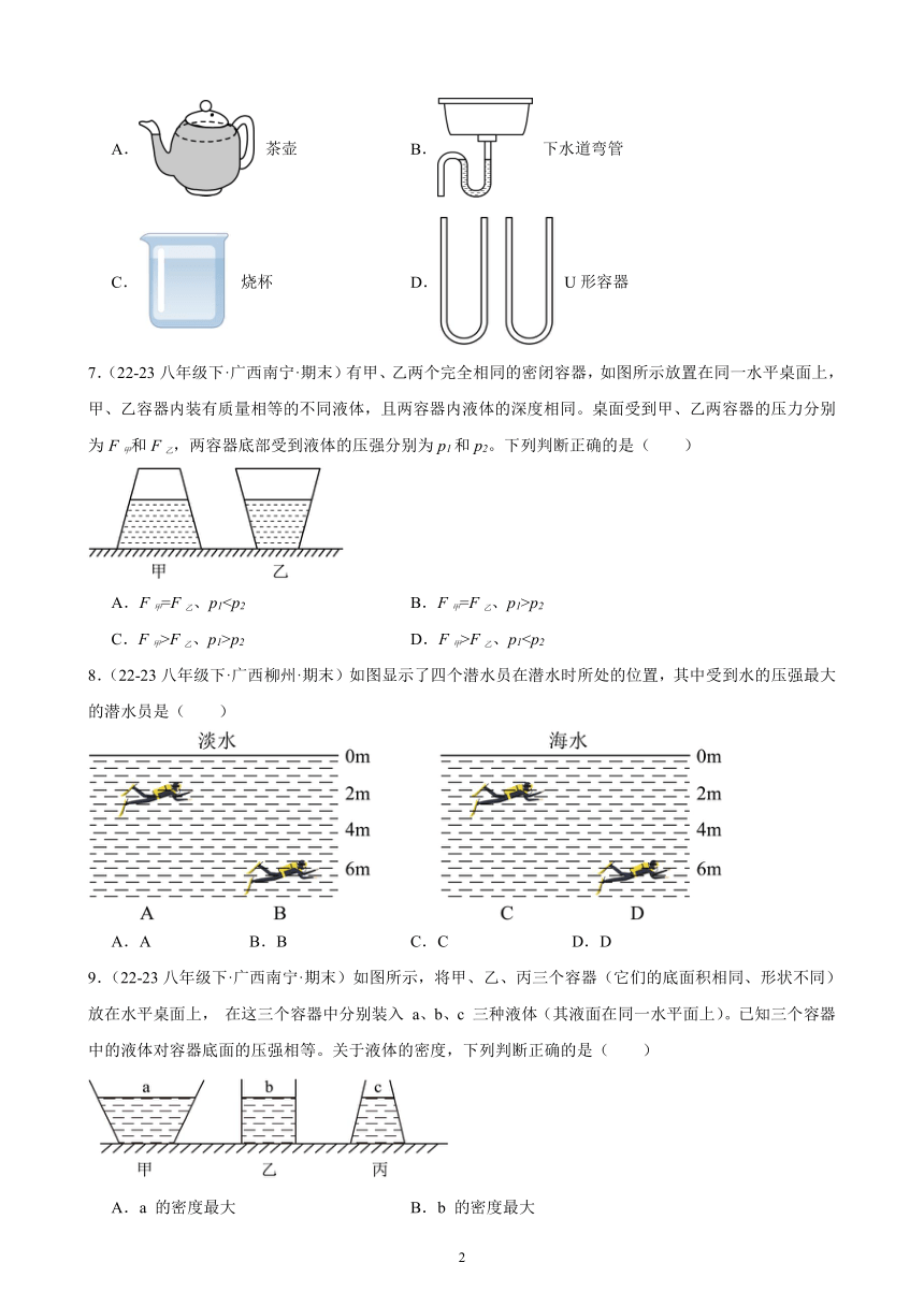 第九章 压强 期末试题选编（含解析） 2022－2023学年下学期广西各地八年级物理