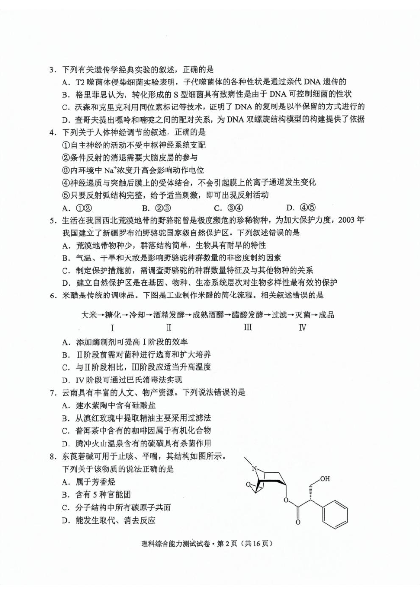 云南省2024届高三下学期3月第一次模拟考试 理综（PDF版含答案）