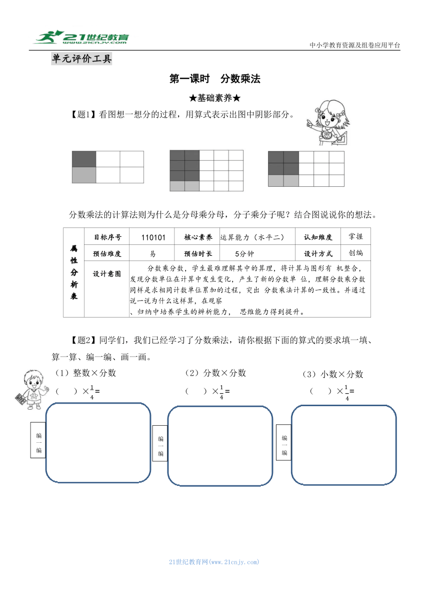【素养进阶单元结构化评价工具】六年级上册数学第一单元《分数乘法》作业设计 人教版（含答案）