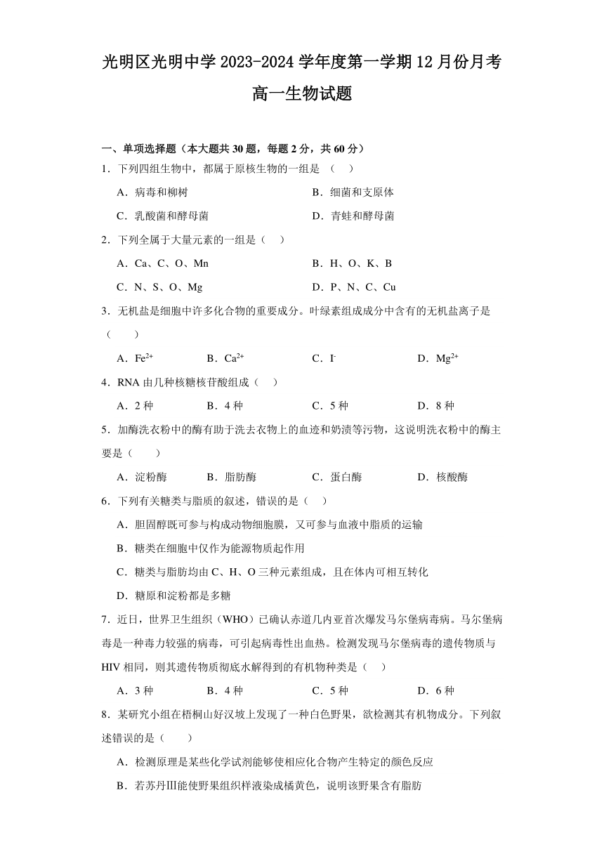 广东省深圳市光明区重点中学2023-2024学年高一上学期12月月考生物学试题（含答案解析）