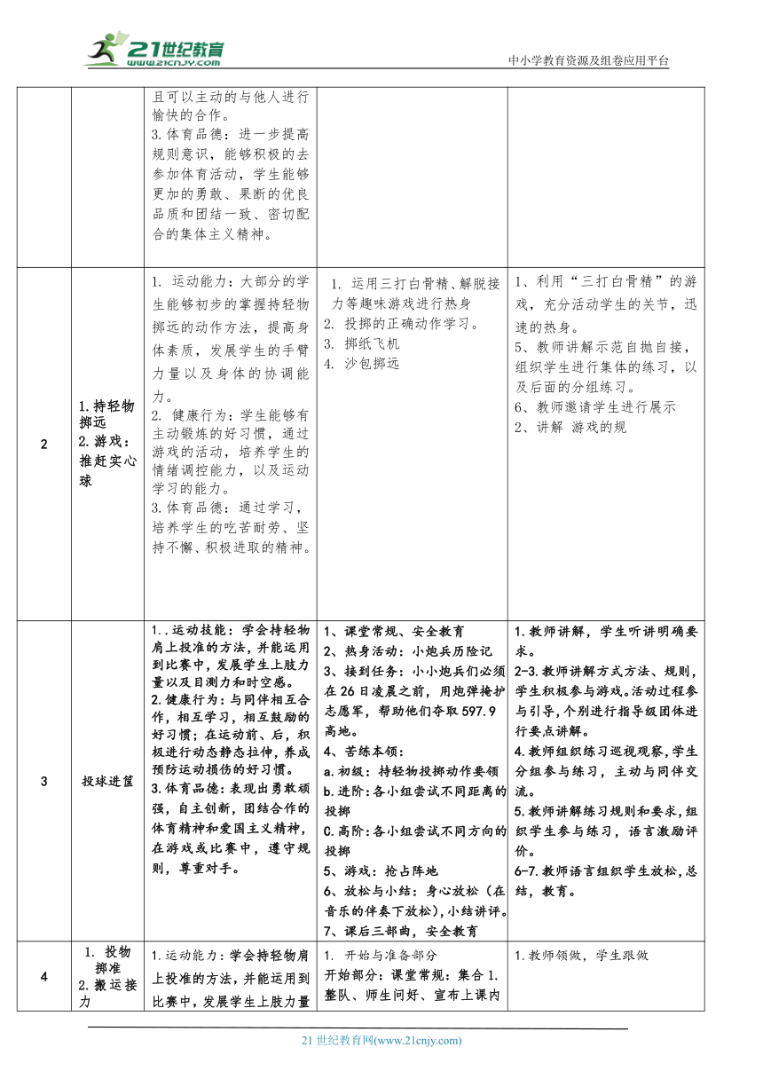 体育与健康二年级 投远投准游戏活动+旱地冰球击球游戏活动 大单元教学设计