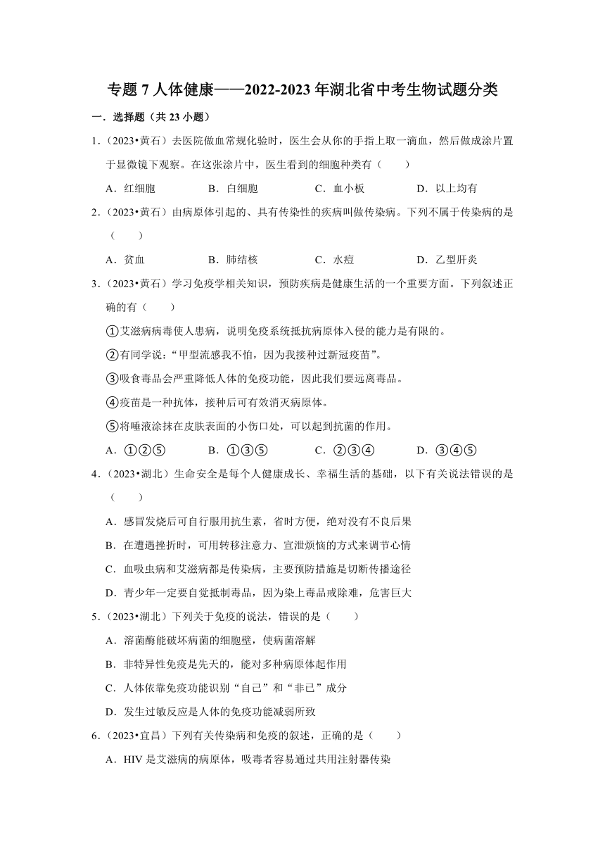 专题7人体健康——2022-2023年湖北省中考生物试题分类（word版+解析版）