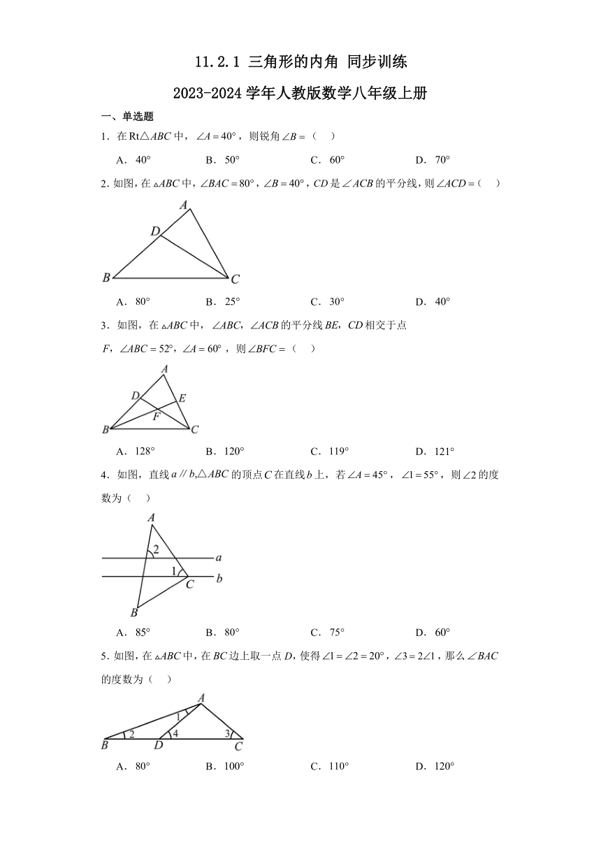 2023-2024学年人教版数学八年级上册11.2.1三角形的内角 同步练习(无答案)