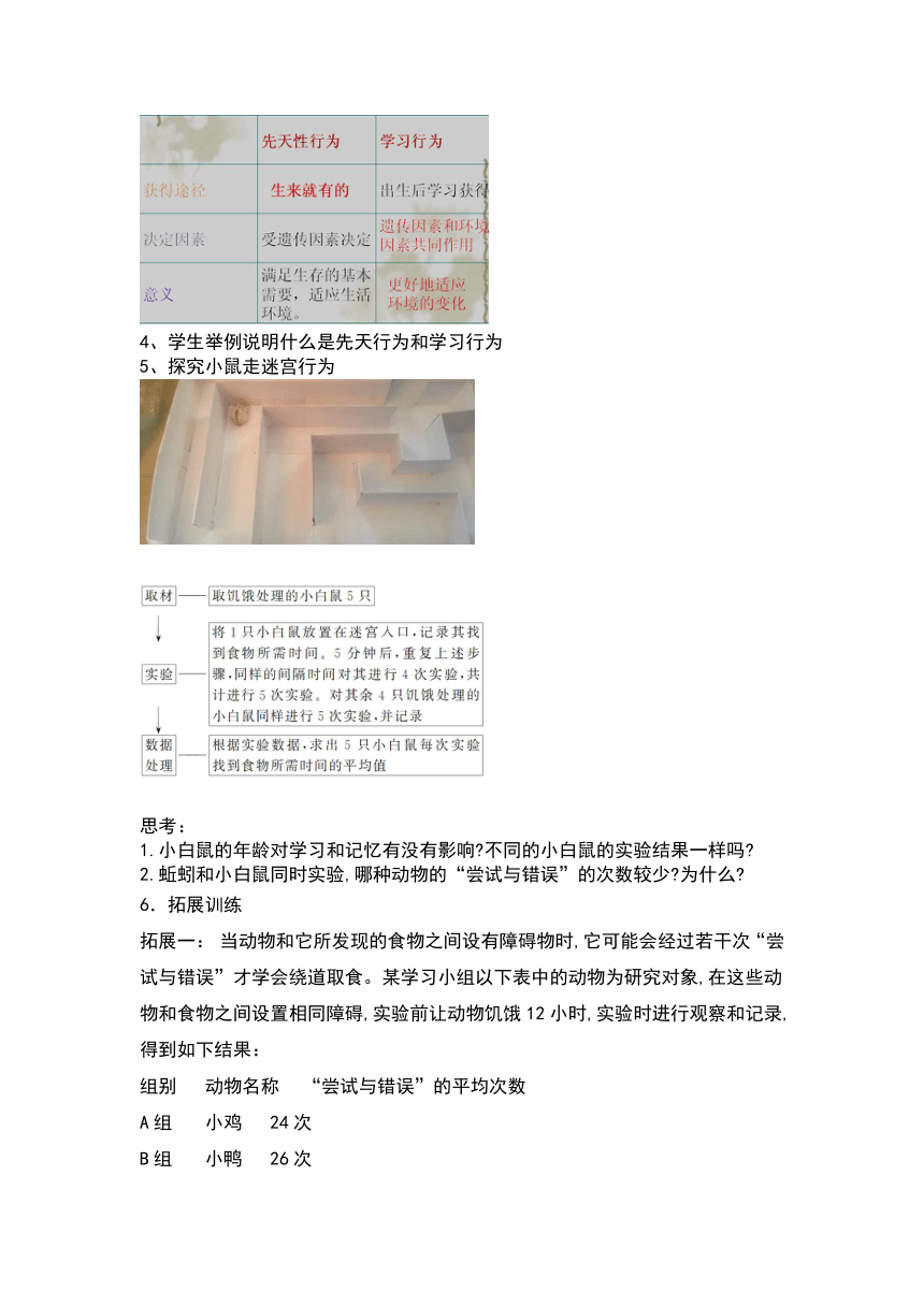 5.2.2先天性行为和学习行为教案2023--2024学年人教版八年级生物上册