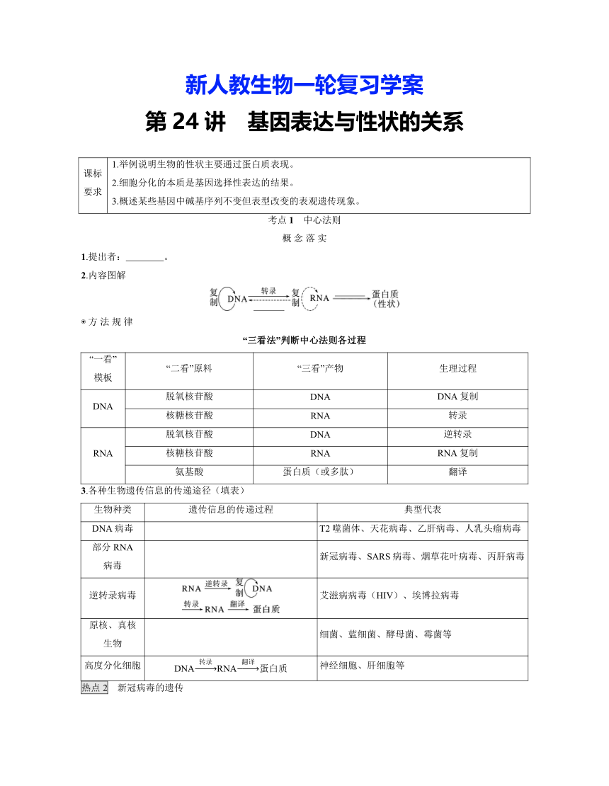 新人教生物一轮复习学案：第24讲　基因表达与性状的关系（含答案解析）