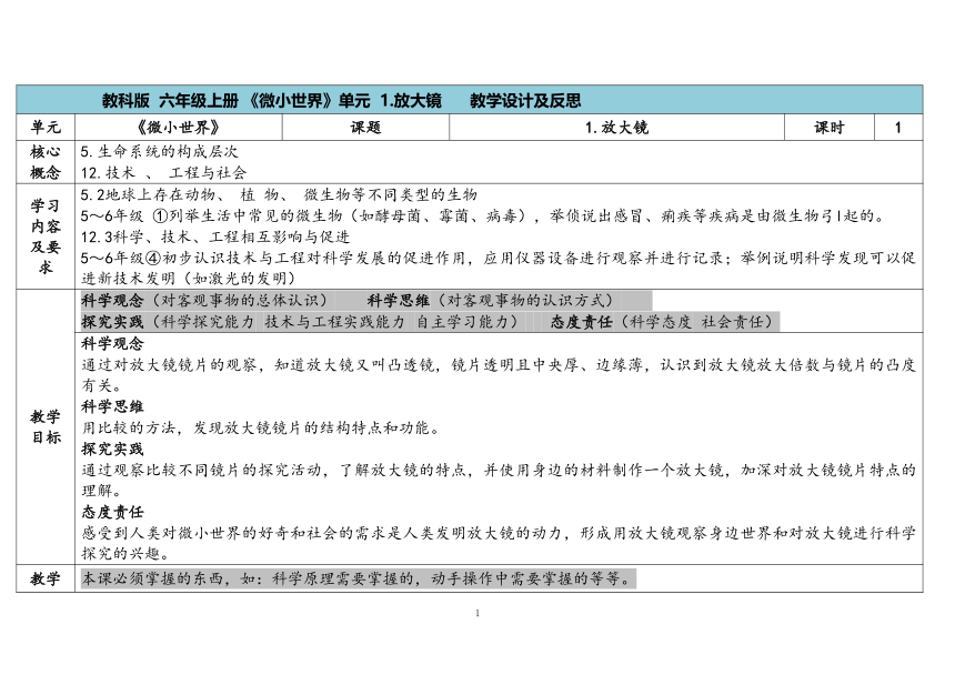 教科版六年级科学上册 第1课《放大镜》（表格式教案）