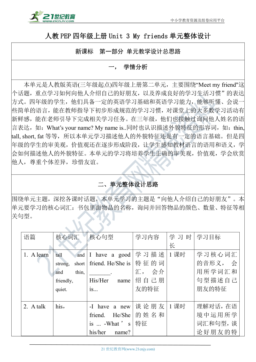 【单元整体教学设计】Unit 3 My friends PA Let's talk 教案