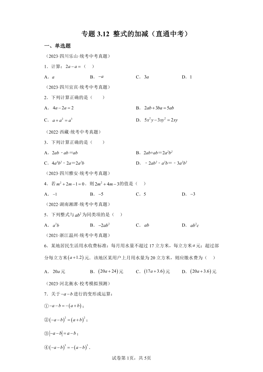 专题3.12整式的加减 直通中考（含解析）2023-2024学年七年级数学上册北师大版专项讲练