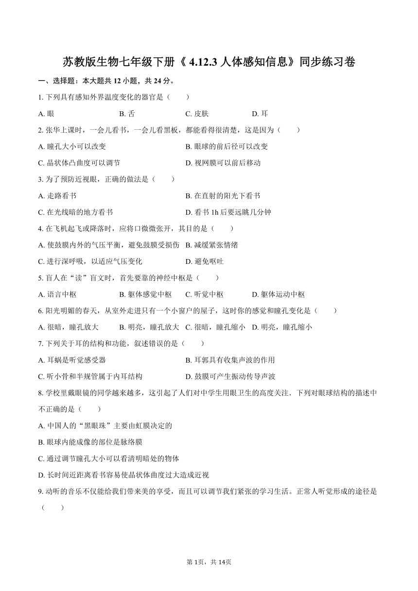 4.12.3 人体感知信息同步练习卷（含解析）苏教版 生物七年级下册