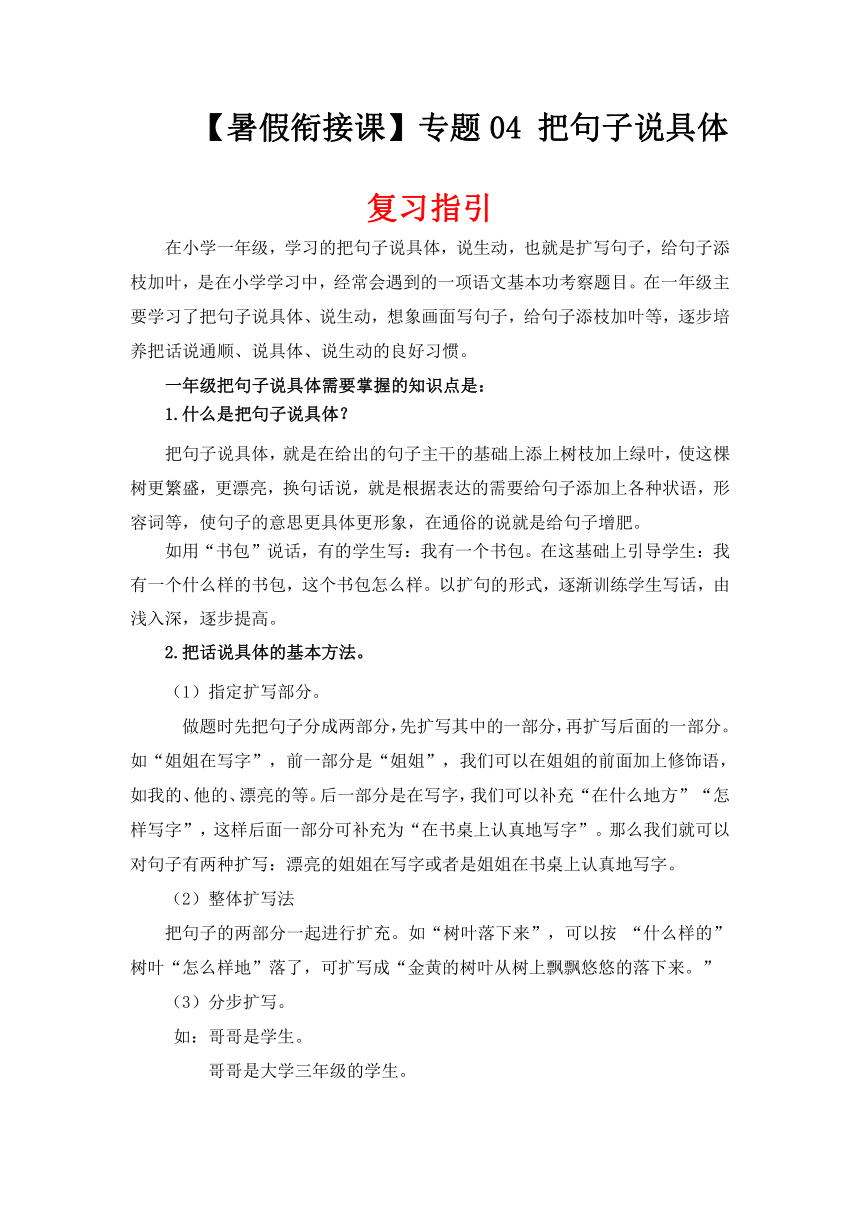 统编版一升二语文暑假衔接课 专题04 把句子说具体 讲义+试题(含答案)