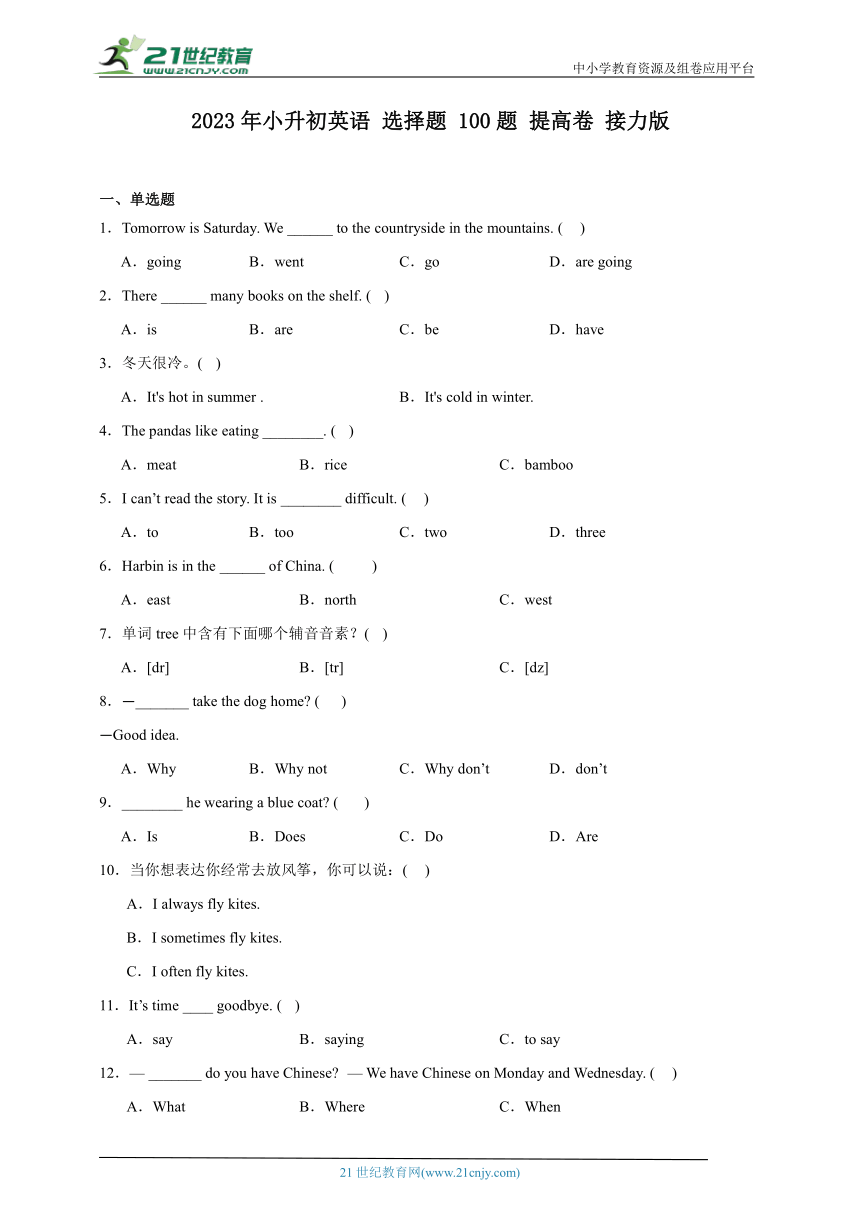 2023年小升初英语 选择题 100题 提高卷 接力版（含答案）