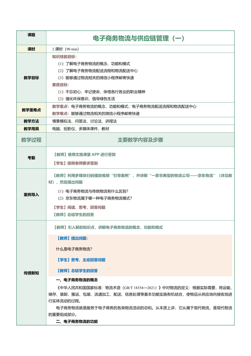 第21课电子商务物流与供应链管理（一）教案（表格式）《电子商务》（上海交通大学出版社）