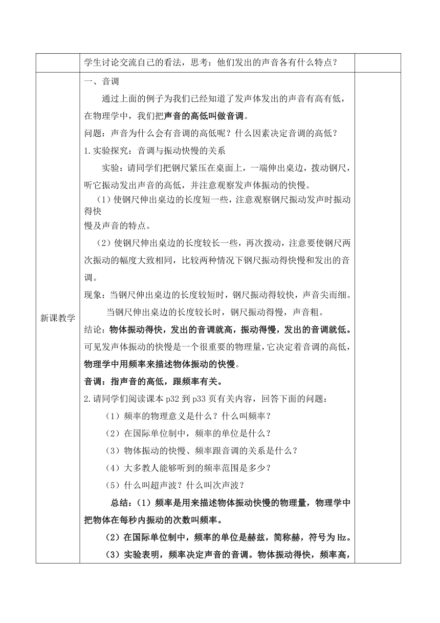 2.2 声音的特性教学设计  -2023-2024学年人教版物理八年级上册（表格式）