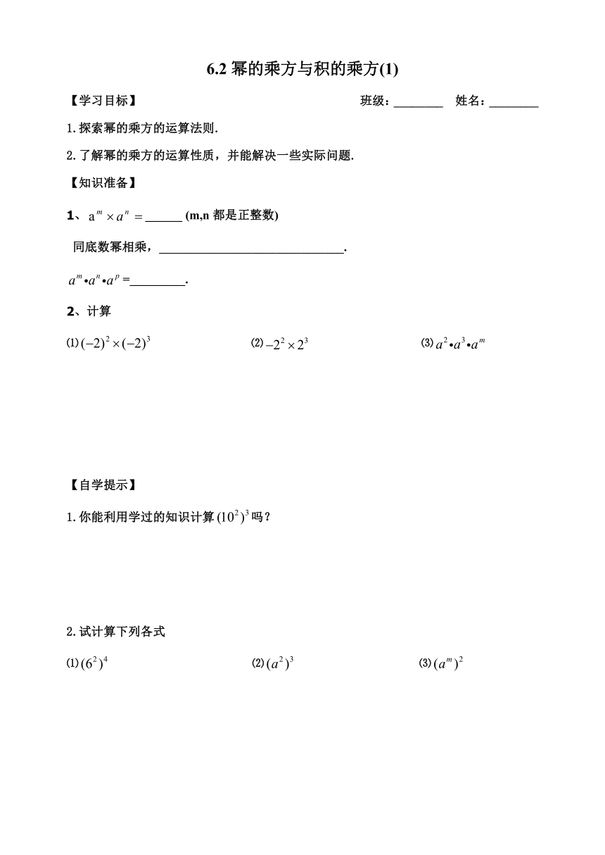 鲁教版（五四制）六年级下册第六章整式的乘除学案---6.2幂的乘方与积的乘方(1)（无答案）