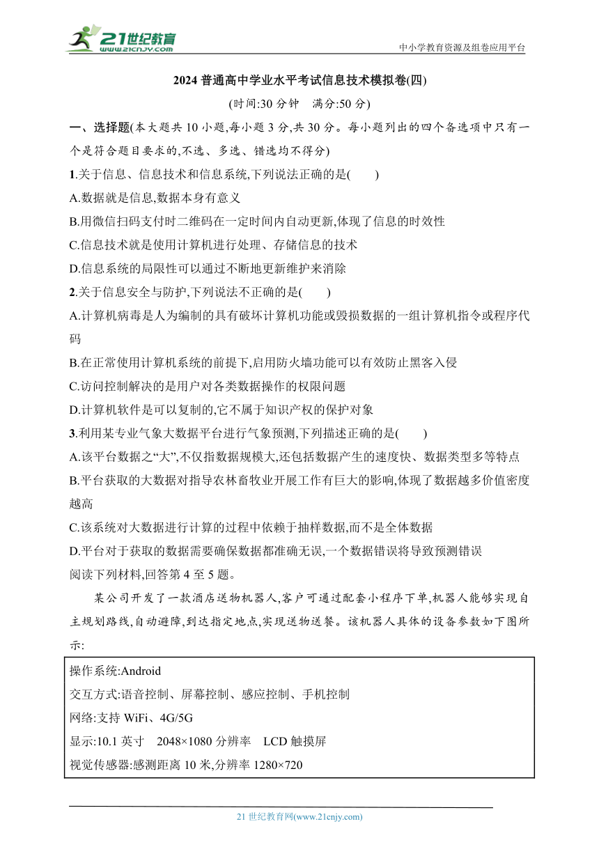 高中信息技术 2024年普通高中学业水平考试 信息技术模拟卷4 （word版，含解析）