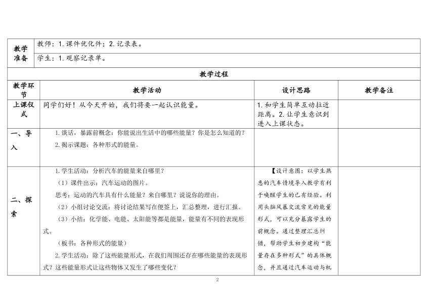 教科版六年级科学上册 第1课《各种形式的能量》（表格式教案）