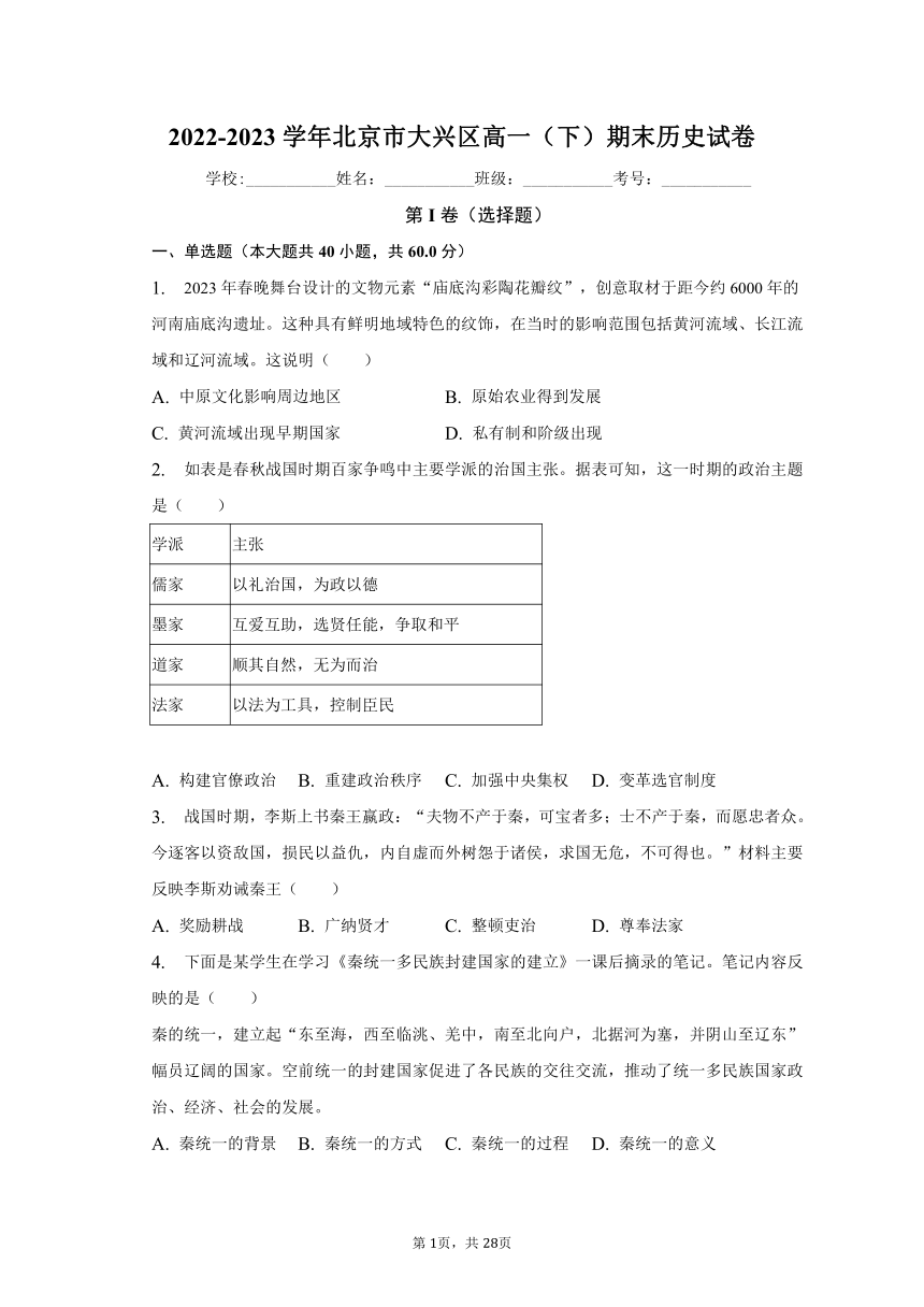 2022-2023学年北京市大兴区高一（下）期末历史试卷（含解析）