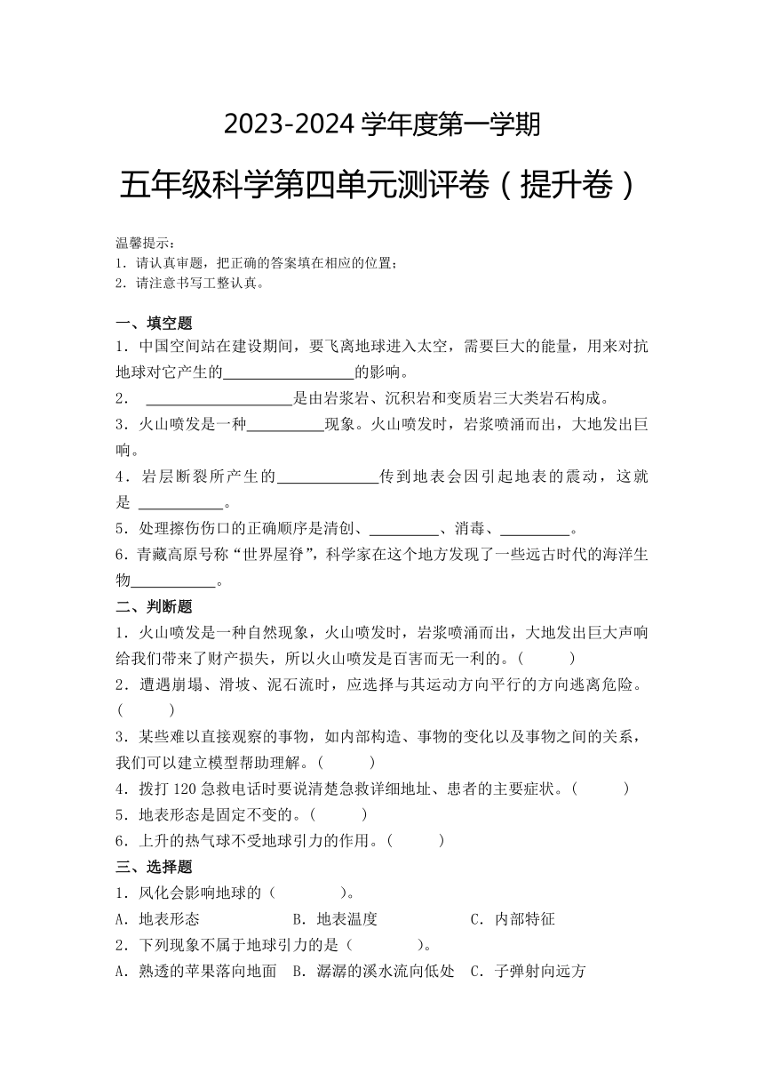 五年级科学上册（青岛版）第四单元 地球和地表（提升卷）（含解析）