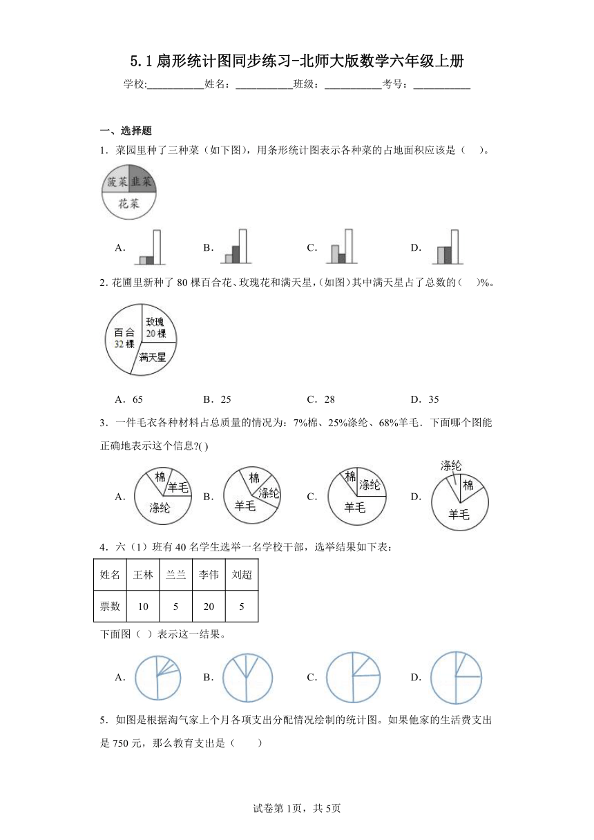 5.1扇形统计图同步练习-北师大版数学六年级上册（含答案）
