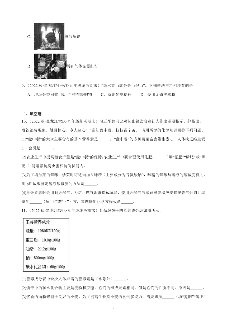 2022-2023学年上学期黑龙江省各地九年级化学期末试题选编—化学与生活 综合复习题(含解析)