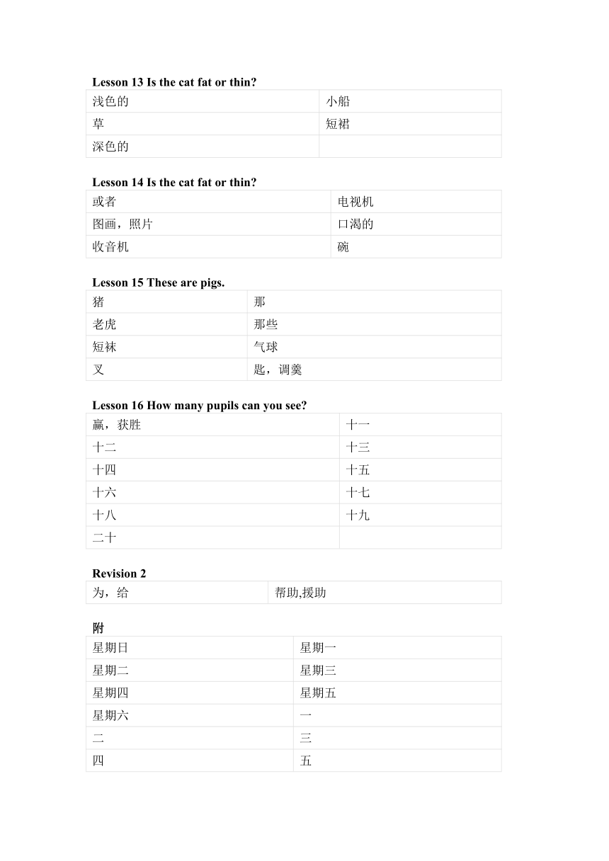 接力版英语四年级上册单词默写表