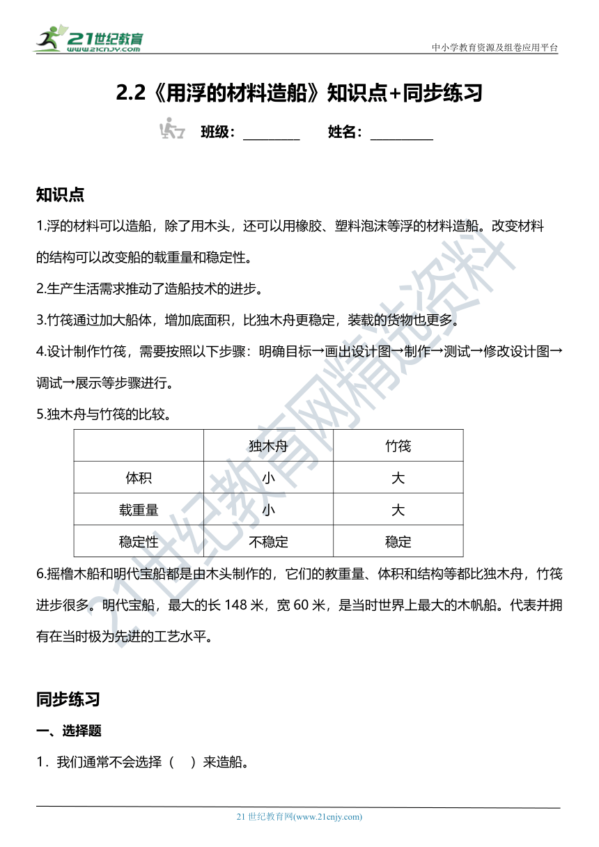 2.2《用浮的材料造船》知识点+同步练习（含答案）