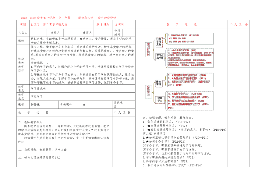 第二课 学习新天地 复习教案