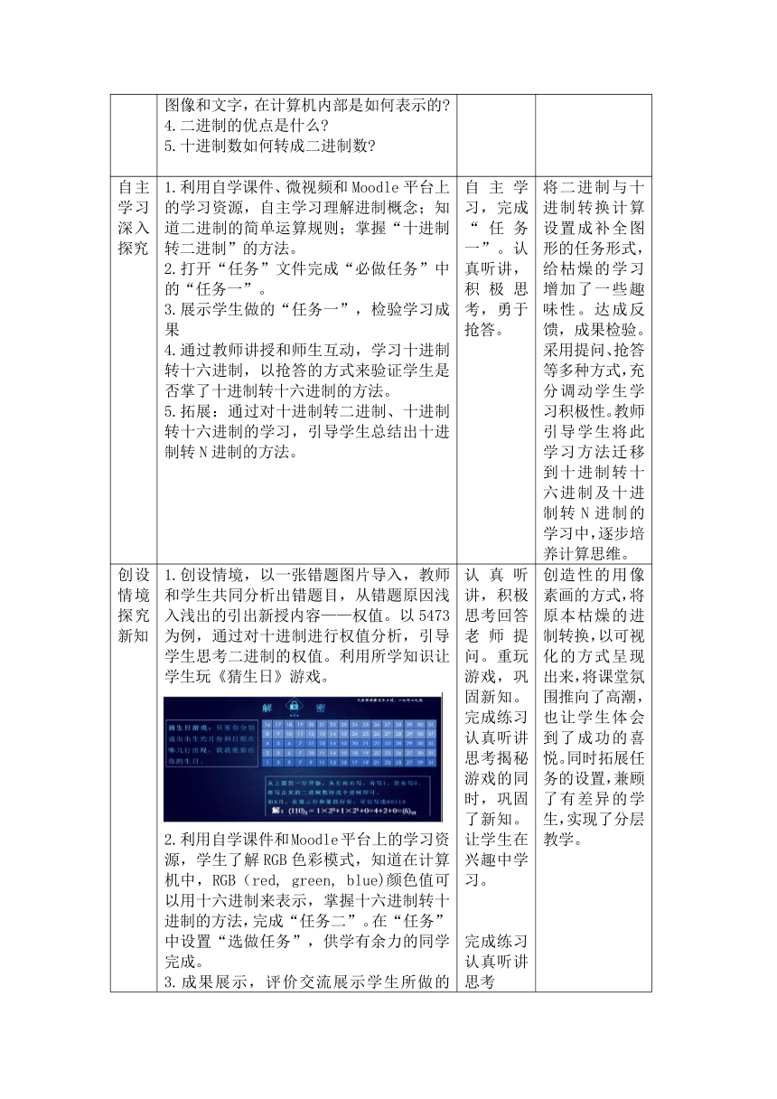 1.2.2《数字化与编码-二进制与数制转换》教学设计（表格式）  2023—2024学年高中信息技术人教_中图版（2019）必修1