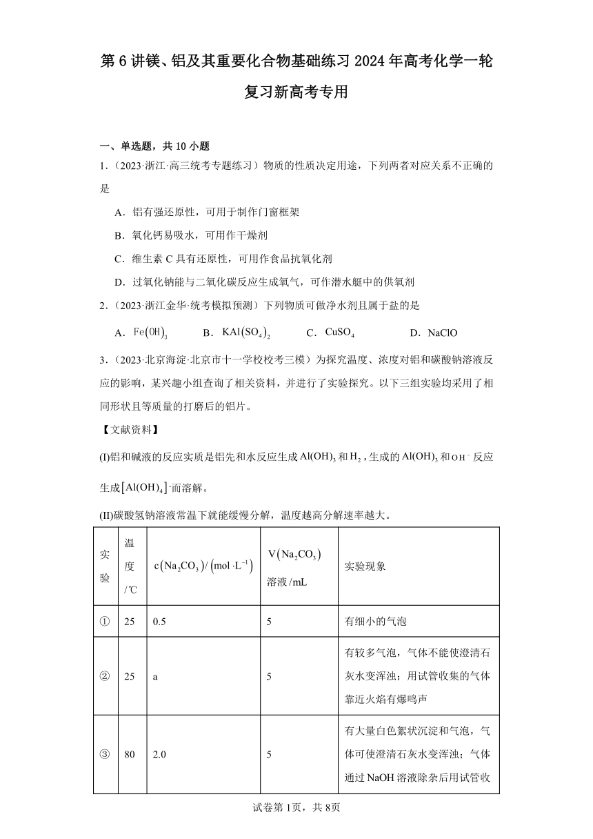 第6讲镁、铝及其重要化合物基础练习2024年高考化学一轮复习新高考专用（含解析）