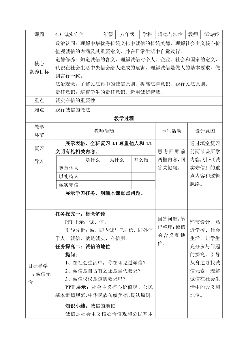 4.3 诚实守信 表格式教案